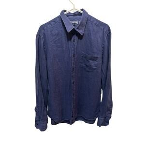 Vilebrequin 100% Linen Button Up Shirt Men's XL Solid Navy Blue Front Pocket